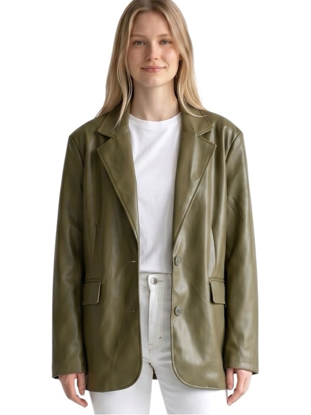 UO Jules Oversized Faux Leather Blazer Olive